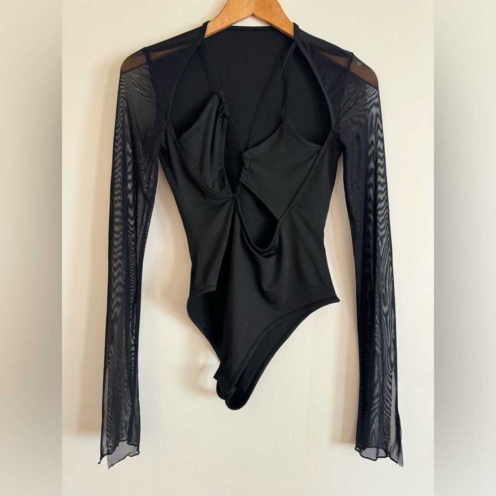 Black Mesh Long-Sleeve Cutout Bodysuit - Women